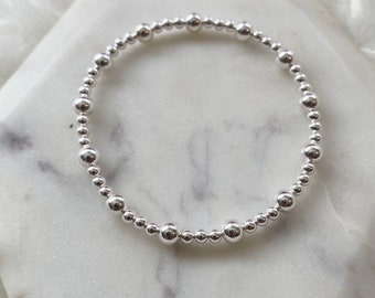 Bracciale Elastico Sottile In Argento 925 Con Perline Sfere E Tubolari - Lunghezza 16 Cm, Delicato, Impilabile