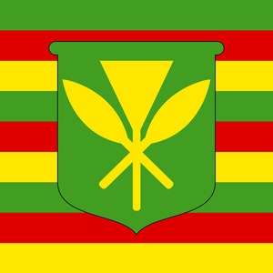 Puede incluir: Una bandera verde con un símbolo amarillo de una flor estilizada con hojas sobre un escudo verde. La bandera tiene rayas horizontales rojas y amarillas alternas.