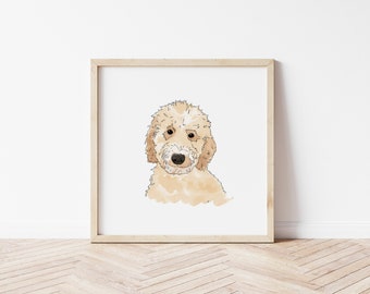 May include: A framed illustration of a light brown dog with a white patch on its chest. The dog is looking directly at the viewer with its mouth closed. The illustration is done in a watercolor style with soft, muted colors.