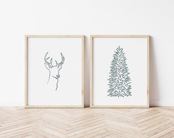 Holiday Collection of Two Prints | Minimalist Christmas | Wall Decor | Reindeer Print | Christmas Wall Art | Modern Christmas | XMAS Tree