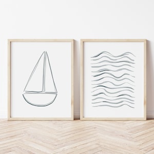 Set von zwei Aquarell Maritimen Drucke, Segelboot Kunst, Digitaler Download, DRUCKBARE Wandkunst, Aquarell Druck, Galerie Wand, Blau, Grau, Grau