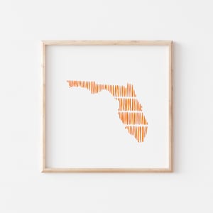 May include: A framed print of the state of Florida, outlined in orange stripes against a white background.
