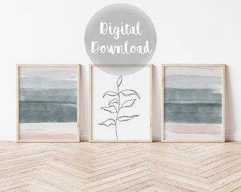 Set of Three Prints, Digital Download, PRINTABLE Wall Art, Watercolor Print, Gallery Wall, Beach Wall Art, Watercolor Sand, Floral Stem