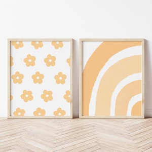Set of Two Yellow Prints, Digital Download, PRINTABLE Wall Art, Yellow Flower Print, Yellow Gallery Wall, Neutral Print Set, Boho Wall Art