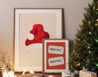 Two Christmas Prints | Ticket to North Pole | Christmas Wall Art | Holiday Decor | Holiday Print | Red Christmas Decor | Naughty or Nice