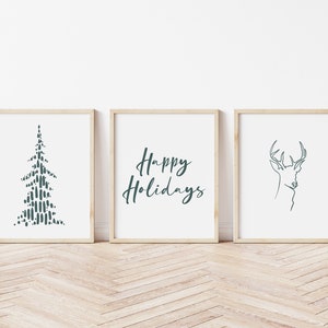 Vakantiecollectie van drie prenten | Minimalistische kerst | Wanddecoratie | Rendier Print | Kerst Kunst aan de muur | Moderne kerst | XMAS-boom