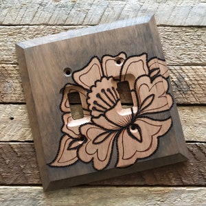 Rustic Wood home decor Burned flower Motif light switch plate