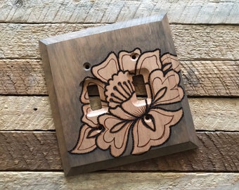 Rustic Wood home decor Burned flower Motif light switch plate