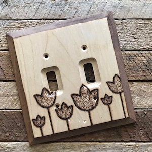 Rustic Wood home decor Burned flower tulip Motif light switch plate