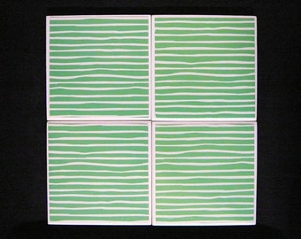 Green & White Strips Ceramic Tile Coasters Set of 4