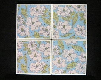 Flowers Ceramic Tile Coasters Set of 4