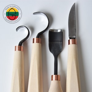 Wood carving tool set 4 pcs. Spoon carving tools. Spoon carving. Crook knife. Hook knife. Bent gouge. Handmade wood carving tools. Chisels.