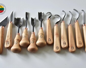 Handmade Spoon Carving Tool Set: 12pc Carbon Steel, Wood Handles