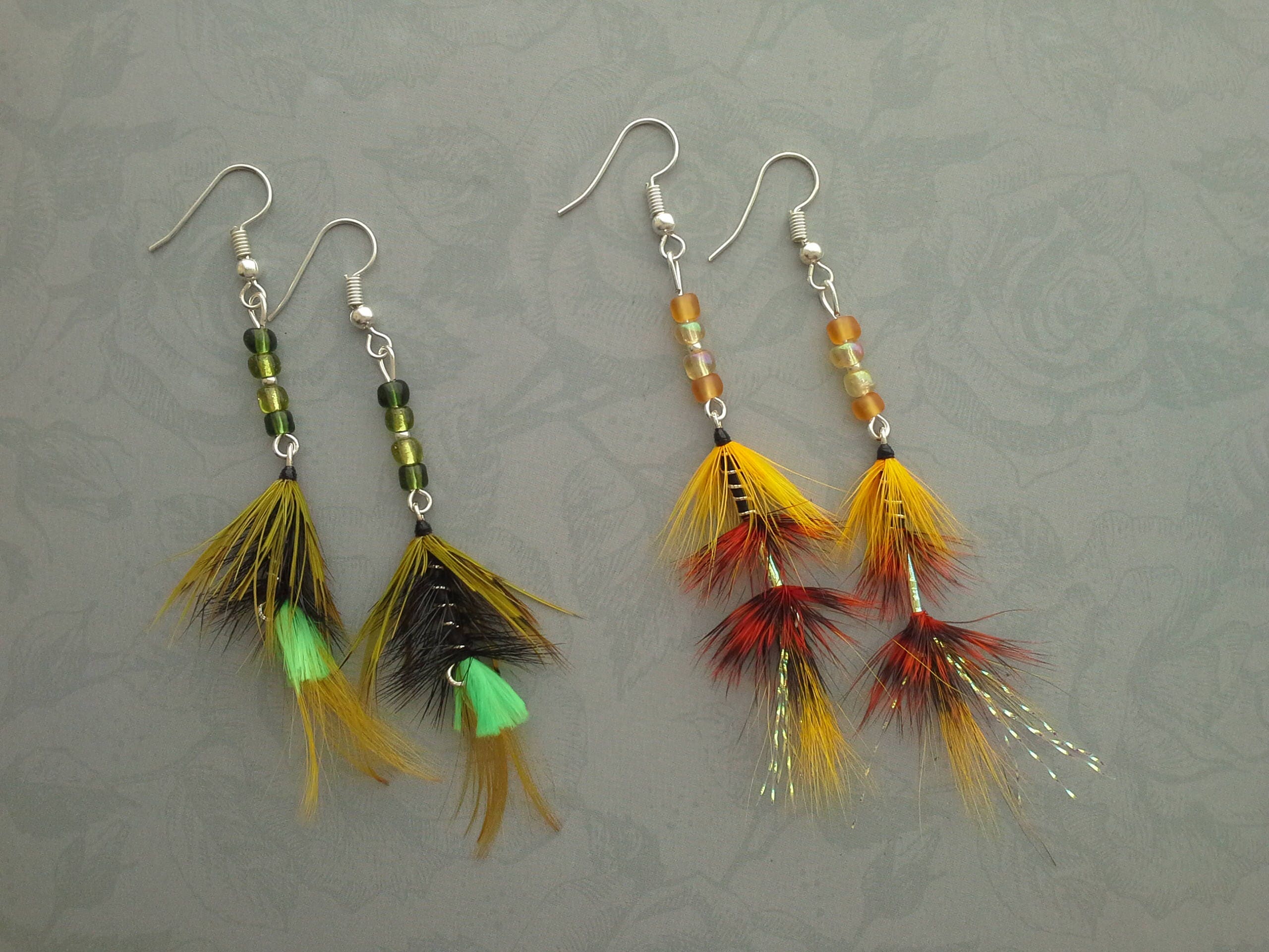 Salmon style fly fishing earrings Fishing earrings Feather Etsy