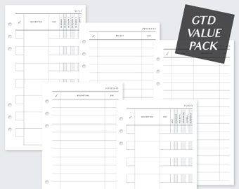 GTD set pack Personal Printed filofax planner inserts for ring planners, Getting things done, minimal 2022, vds van der spek, gillio, to do