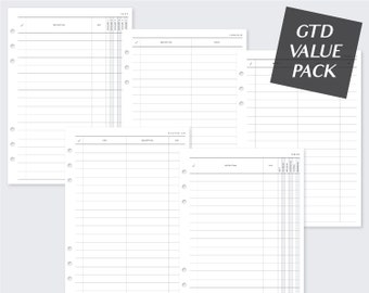 GTD set pack A5 Printed filofax planner inserts for ring planners, Getting things done, minimal 2022, vds van der spek, gillio, to do, notes