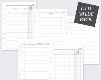 GTD set pack A6 Printed filofax planner inserts for ring planners, Getting things done, minimal 2022, vds van der spek, gillio, to do