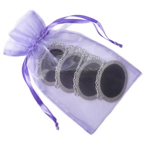 Decanter tags in lavender organza packaging bag.