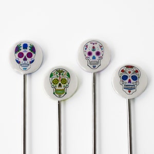 Colorful Sugar Skull Swizzle Sticks for Cocktail Lovers, Stainless Steel Stir Sticks, Coffee Bar Accessories, Housewarming Gift image 3