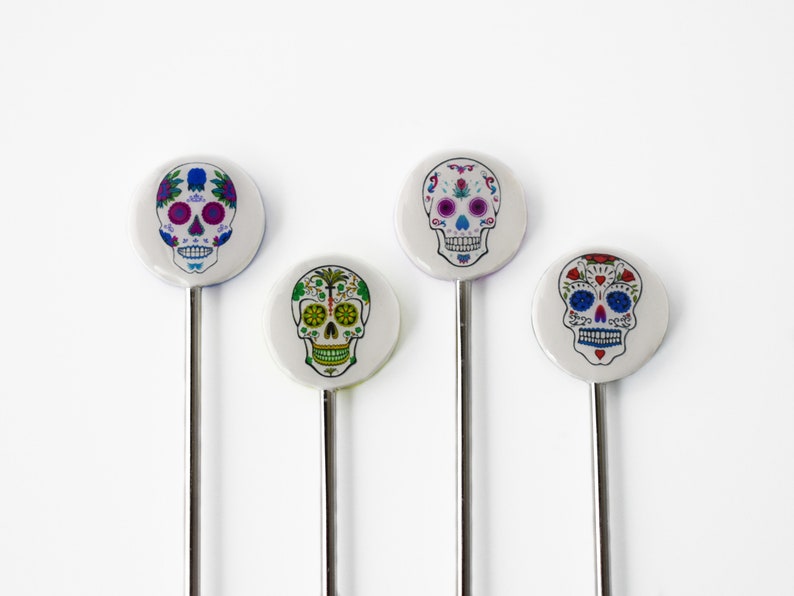 Colorful Sugar Skull Swizzle Sticks for Cocktail Lovers, Stainless Steel Stir Sticks, Coffee Bar Accessories, Housewarming Gift image 3