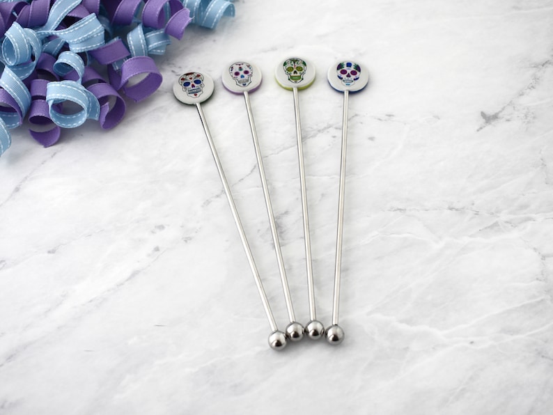 Colorful Sugar Skull Swizzle Sticks for Cocktail Lovers, Stainless Steel Stir Sticks, Coffee Bar Accessories, Housewarming Gift image 1
