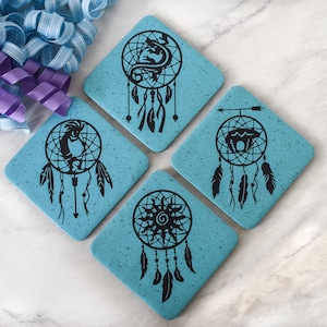 Southwestern Dreamcatcher Coasters: Turquoise Polymer Clay Coasters, Set of 4