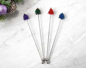 Christmas Tree Swizzle Sticks, Stir Sticks, Stainless Steel Bar Utensils, Set of 4