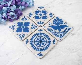 Mexican-style Tile Coasters, Set of 4 Drink Coasters, Handmade Home Decor