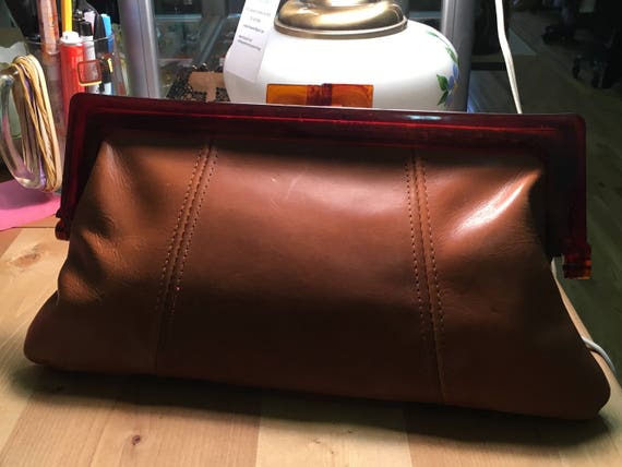 vintage 1970's Leather clutch bag with plastic cla