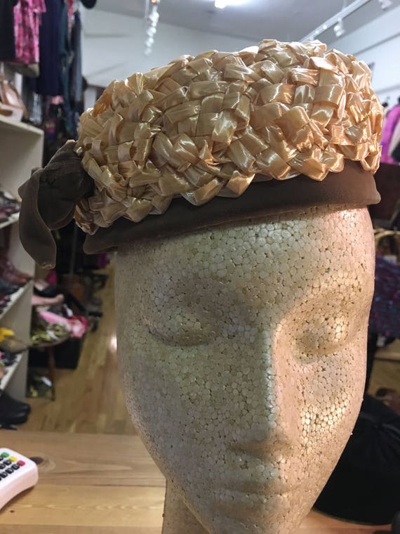 60's vintage woven straw pill box hat