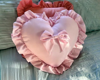 Custom Ruffle Heart Cushion cute throw pillow scatter cushion cute home decor pink ribbon soft furnishings bedroom decor coquette girly room