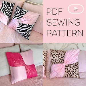 May include: A PDF sewing pattern for decorative throw pillows featuring various designs. The pillows include black and white zebra print with pink fabric accents and a central brooch, and leopard print with a large pink fabric bow detail.