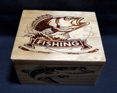 Handmade Wood Burned Fishing Gift Box, Keepsake Box, Trinket Box, Storage Box
