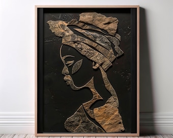 Zwarte vrouw sculptuur kunst aan de muur, getextureerde portretprint, eigentijds decor