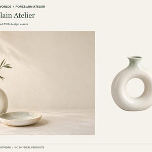 May include: A digital asset collection titled Material Worlds Porcelain Atelier featuring 36 coordinated PNG design assets. The image displays a white donut-shaped vase and a shallow bowl, with a separate isolated white donut-shaped vase.