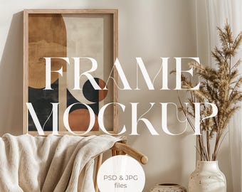 Wall Art Mockup PSD, Frame Display Scene, Neutral Living Room Mockup