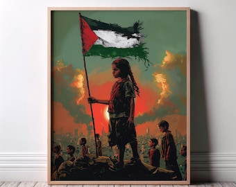 Palestine Wall Art, Girl with Flag Poster, Graffiti Street Art Decor