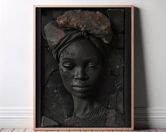 Sinnliche schwarze Frau Wandkunst, strukturierte Steinskulptur Druck, feminines Dekor