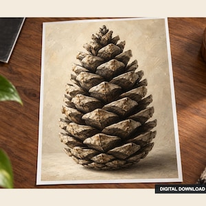 May include: A rectangular print featuring a detailed illustration of a single brown pinecone centered against a textured beige background. The artwork is presented as a digital download, with the text DIGITAL DOWNLOAD visible in the bottom corner.
