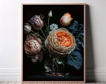Sfeervolle botanische muurkunst, print vintage rozen arrangement, elegant donker decor