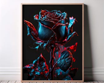 Schwarze Rose Wand Kunst Poster, Gothic Wandkunst, Gothic Interior Design, Gothic Poster, Viktorianisches Blumen Poster, Noir Art, Neon Wand Kunst Poster