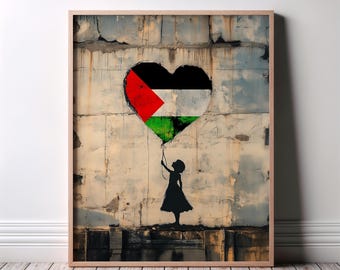 Palestine Heart Flag Graffiti Art Print, Child with Balloon Wall Decor