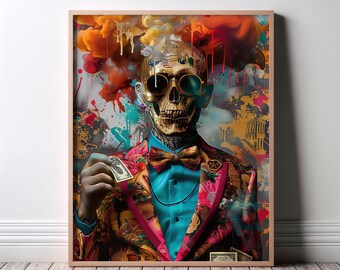 Skeleton Graffiti Wall Art, Street Pop Skull Poster, Urban Fashion Decor