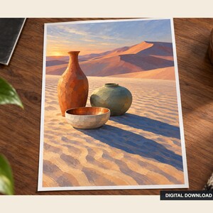 May include: A digital print featuring a desert landscape with three ceramic vessels: a tall orange vase, a rounded green jar, and a shallow white bowl with a copper interior, all resting on rippled sand dunes under a sunset sky.