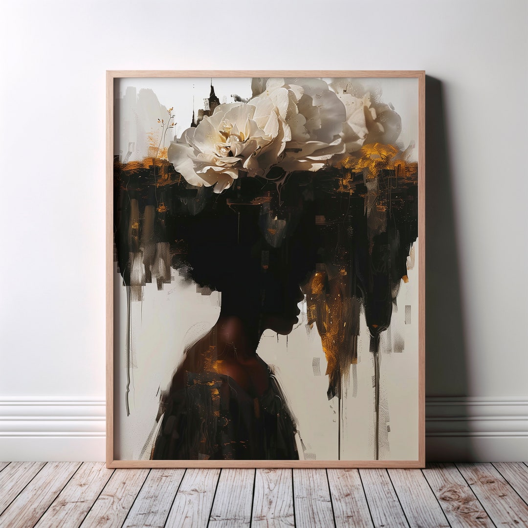 Flower Head Wall Art, Black Woman Floral Head Wall Art Canvas Print ...