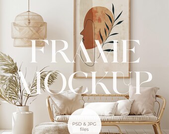 Wall Art Mockup PSD, Beige Living Room Frame Mockup, Sunlight Interior Scene
