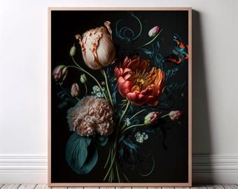 Surrealistische bloemenkunst aan de muur, vintage rozenprint, donker esthetisch interieur