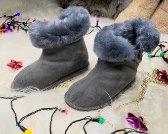 Ladies' sheepskin bootie slippers - Womens Luxury Grey Suede Leather Boots