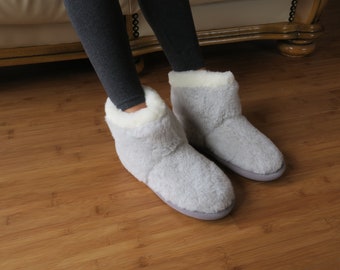 Light Grey Alpaca Wool Eco Slippers Ladies Womens Moccasins  - Mens Winter Booties