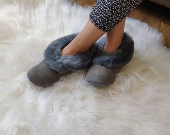 Shearling Grey Women's / Men's Home Slippers - Sheepskin Warm Moccasin - Suede Leather Sole - Christmas Sale - Mother Birthday Gift